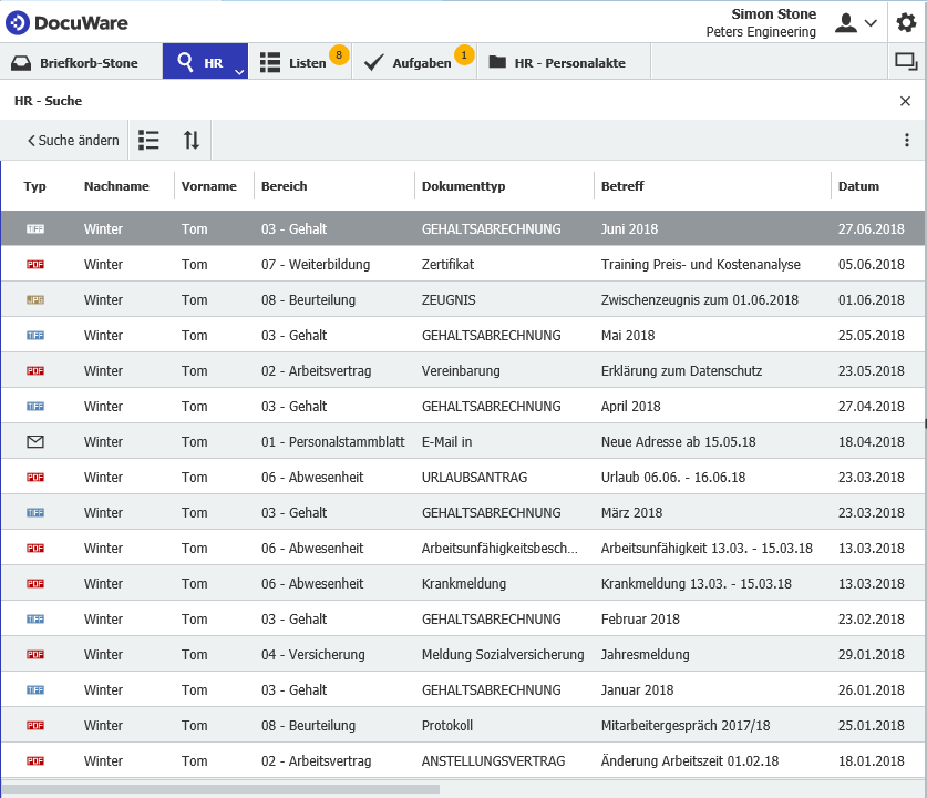 Das Ergebnis: die gesuchten Personalunterlagen auf einen Blick, sortiert nach Datum